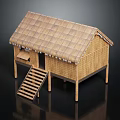 Traditional Wooden Hut with Thatch Roof Bamboo Construction Wooden Staircase and Small Porch