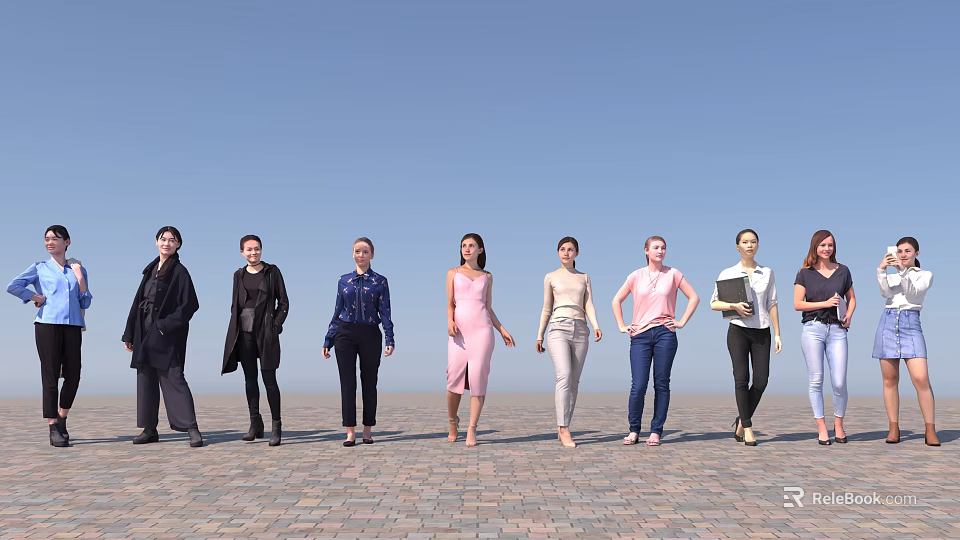 Women Standing on Brick Paved Ground with Clear Blue Sky Background 3d model 