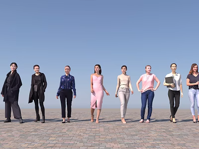 Women Standing on Brick Paved Ground with Clear Blue Sky Background 3d model