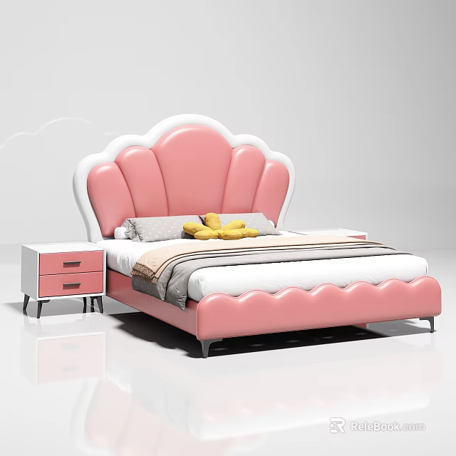 Pink Double Bed with Scallop Shaped Headboard and Yellow Plush Toys White Nightstand 3d model 