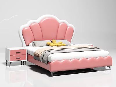Pink Double Bed with Scallop Shaped Headboard and Yellow Plush Toys White Nightstand 3d model