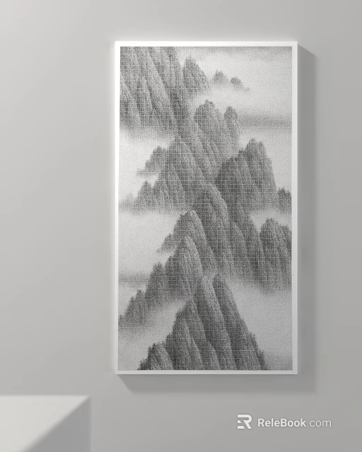 Traditional Ink Style Landscape Painting With Layered Mountain Peaks And Misty Clouds 3d model 