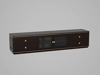 Dark Brown Modern TV Stand With Glass Doors Drawers And Gold Accents 3d model