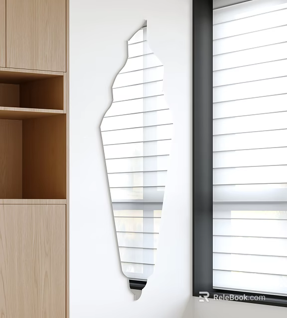 Abstract Shaped Mirror On White Wall With Wooden Shelves And Black Window Frame With Blinds 3d model 
