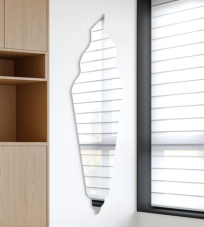 Abstract Shaped Mirror On White Wall With Wooden Shelves And Black Window Frame With Blinds 3d model