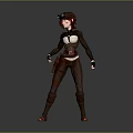 3D Red Haired Female Adventurer Character In Brown Striped Outfit With Hat And Holster