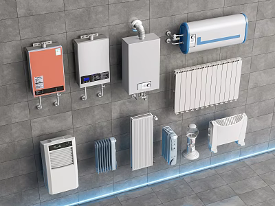 Different Types Of Wall Mounted Radiators With Various Designs On Grey Wall 3d model