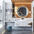 Modern Bathroom Interior With Round Mirror Marble Vanity And LED Lighting 3d model