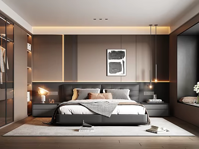 Modern Bedroom Interior Design With Black Headboard Wall Art Nightstands And Pendant Lights 3d model