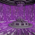 Futuristic Architectural Interior Featuring Circular Structure Vertical Pillars Central Platform And Ceiling Fixture