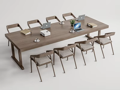 Wooden Conference Table With Laptops Notebooks Coffee Cups And Surrounding Chairs 3d model