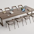 Wooden Conference Table With Laptops Notebooks Coffee Cups And Surrounding Chairs