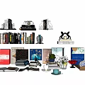 Elegant Books and Magazines Display with Bookshelves Decorations Potted Plants and Teacups