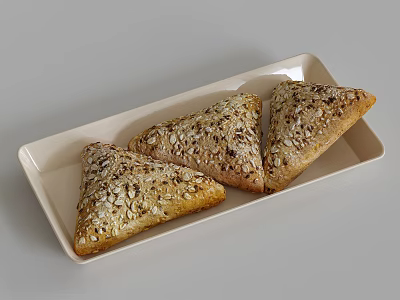 Triangular Whole Grain Bread With Oat Toppings On Light Rectangular Tray 3d model