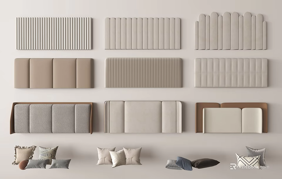 Various Upholstered Headboard Designs With Different Colors Textures And Decorative Pillows 3d model 