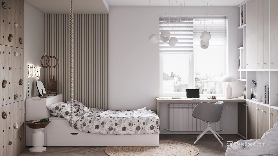 Stylish Kids Room with Patterned Bedspread Striped Wall Blinds Round Pendant Lights Desk Gray Chair 3d model 