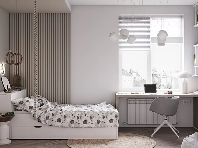 Stylish Kids Room with Patterned Bedspread Striped Wall Blinds Round Pendant Lights Desk Gray Chair 3d model
