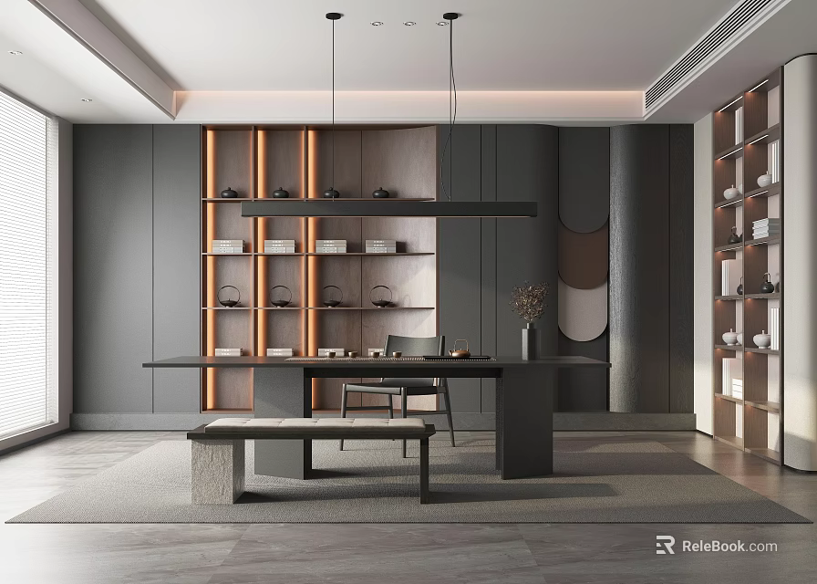 Sleek Modern Tea Room Interior With Long Table Pendant Lights And Wooden Shelves 3d model 