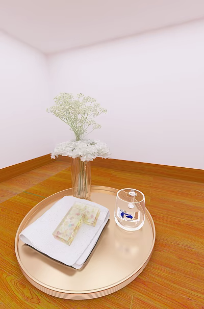 Transparent Glass With Blue Fish Pattern On Tray Near White Flowers Vase On Wooden Floor 3d model