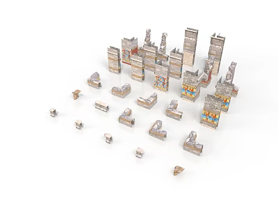 Various Architectural Models With Miniature Buildings And Design Details Displayed On White Background 3d model