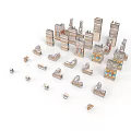 Various Architectural Models With Miniature Buildings And Design Details Displayed On White Background