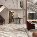 Modern Living and Dining Room Interior With Marble Counter Wooden Cabinets And Chandelier
