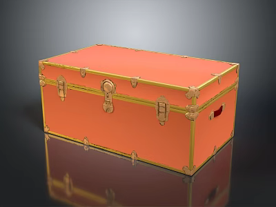 Vintage Orange Storage Trunk With Gold Latches And Decorative Metal Trim 3d model