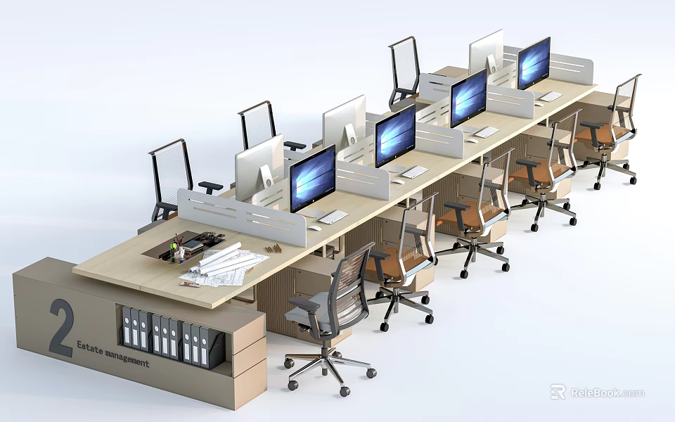 Office Desk And Chair Set With Multiple Workstations Computer Monitors And Ergonomic Chairs 3d model 