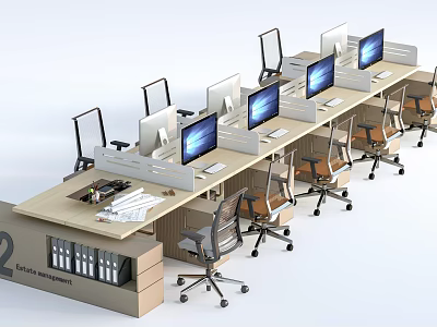 Office Desk And Chair Set With Multiple Workstations Computer Monitors And Ergonomic Chairs 3d model
