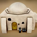 Whimsical Cartoon Stone Building Scene With Dome Square Structure Bench Door And Windows