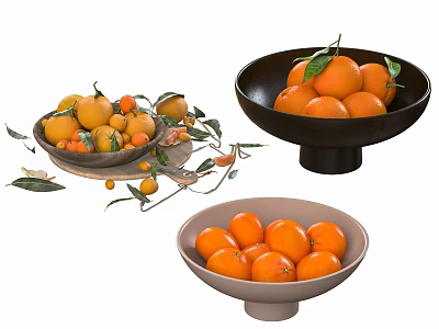 Three Bowls Filled With Fresh Oranges Lemons And Green Leaves 3d model