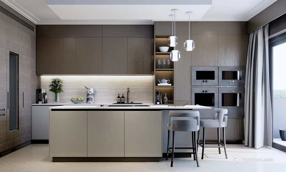 Modern Open Concept Kitchen Interior Design With Island Countertop Cabinets And Appliances 3d model 