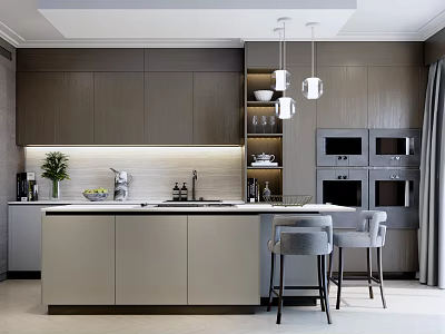 Modern Open Concept Kitchen Interior Design With Island Countertop Cabinets And Appliances 3d model