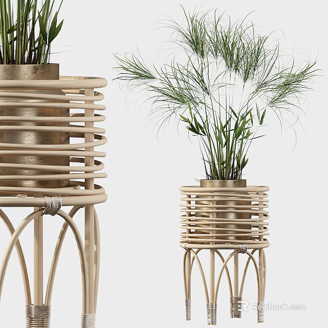 Stylish Rattan Planters With Metal Details For Indoor Bonsai Plant Decor 3d model 