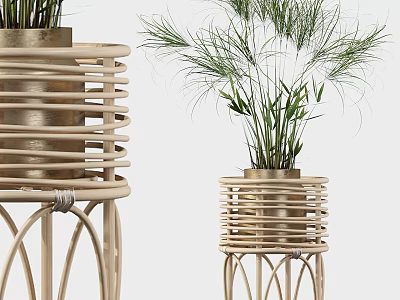Stylish Rattan Planters With Metal Details For Indoor Bonsai Plant Decor 3d model