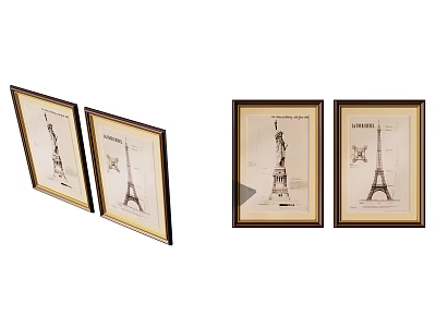 Vintage Framed Wall Art With Eiffel Tower And Statue Of Liberty Prints 3d model
