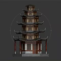 Traditional Chinese Pagoda Architecture With Multiple Tiers Curved Eaves And Red Pillars