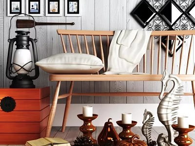 Charming Decorative Ornament Combination Including Framed Pictures Wooden Bench Pillow Lantern And Seahorse Decor 3d model