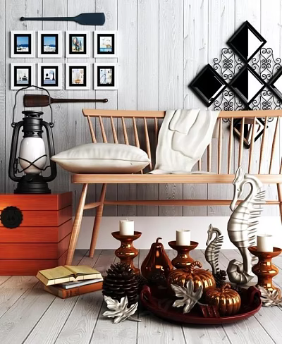 Charming Decorative Ornament Combination Including Framed Pictures Wooden Bench Pillow Lantern And Seahorse Decor 3d model