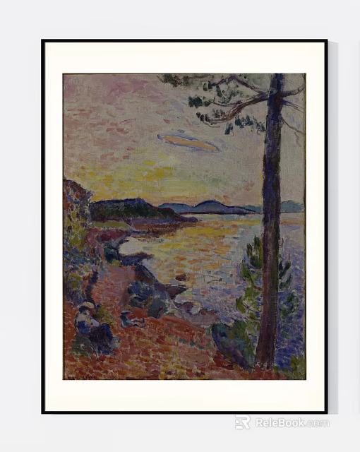 Vibrant Seaside Landscape Painting With Sunset Rocky Shore And Distant Mountains 3d model 
