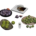 Fresh Purple Figs and Green Limes in Black Bowl and Wooden Plate with Sliced Pieces