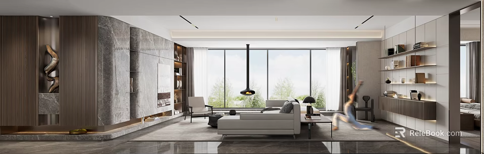 Modern Living Room With Large Windows Light Sofa And Fireplace 3d model