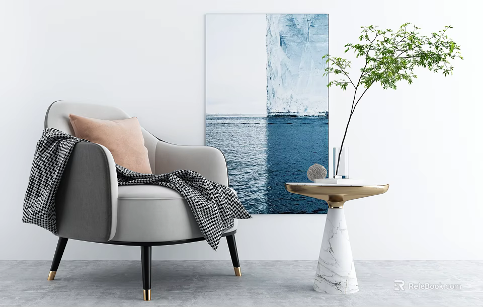 Light Gray Single Sofa With Pink Pillow Checkered Blanket And Ocean Iceberg Wall Art 3d model 