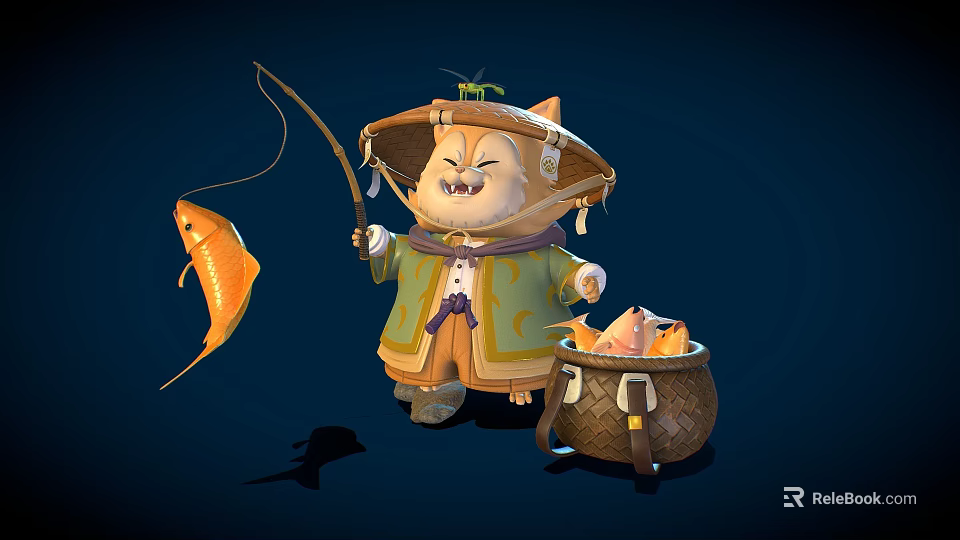 Cartoon Cat Wearing Straw Hat Fishing With Rod And Golden Fish In Basket 3d model 