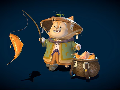 Cartoon Cat Wearing Straw Hat Fishing With Rod And Golden Fish In Basket 3d model