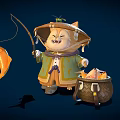 Cartoon Cat Wearing Straw Hat Fishing With Rod And Golden Fish In Basket