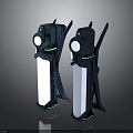 Futuristic Modern Furniture Display Stands With Deep Blue Frame White Panels And Green Glowing Accents