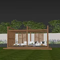 Wooden Pergola with White Sofa Coffee Table Green Plants and Wooden Louvers in Grassy Garden