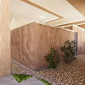 Detached Villa Interior Design With Wooden Structure Courtyard Stone Flooring And Green Plants