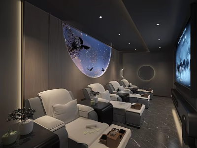 Modern SPA Sauna Room With Comfortable Chairs Projection Screen And Decorative Art 3d model